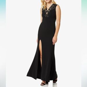 Dress the population floor length black dress with lace and slit